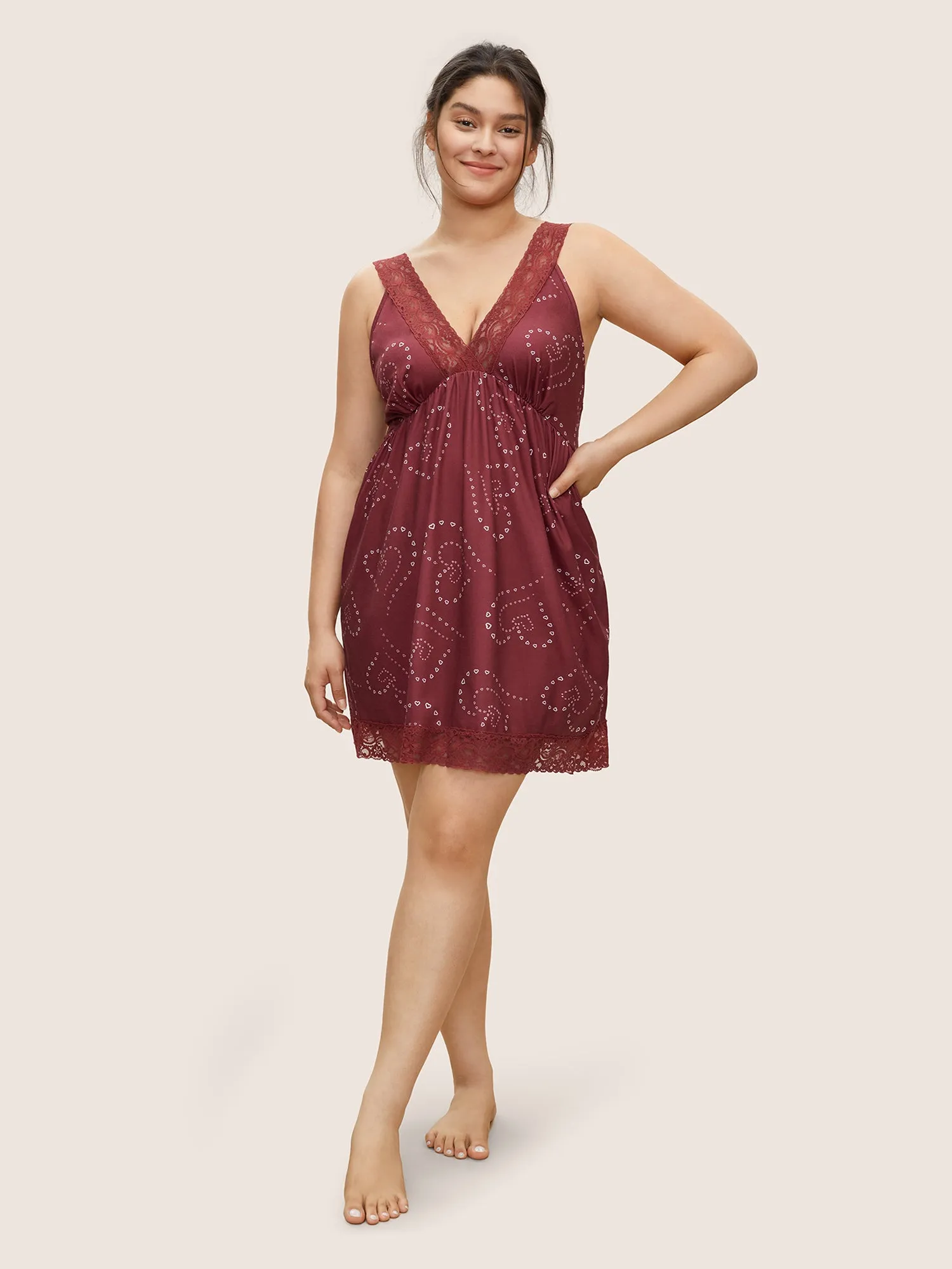 Heart Print Lace Panel Deep V Neck Sleep Dress sold by Bloomchic product image thumbnail 2