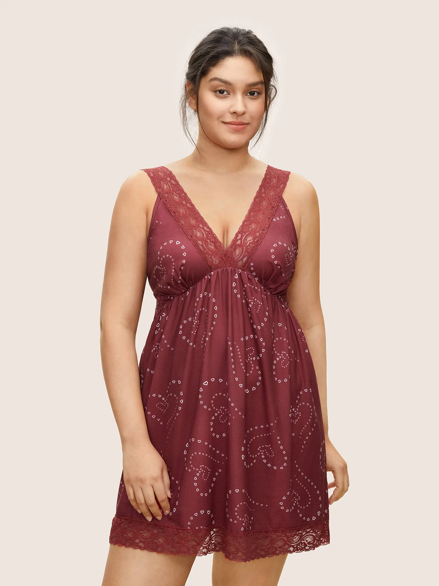 Heart Print Lace Panel Deep V Neck Sleep Dress sold by Bloomchic