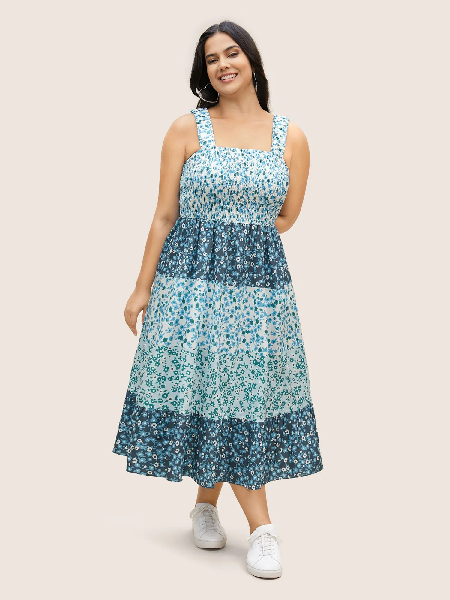 Ditsy Floral Patchwork Ruffle Hem Dress sold by Bloomchic