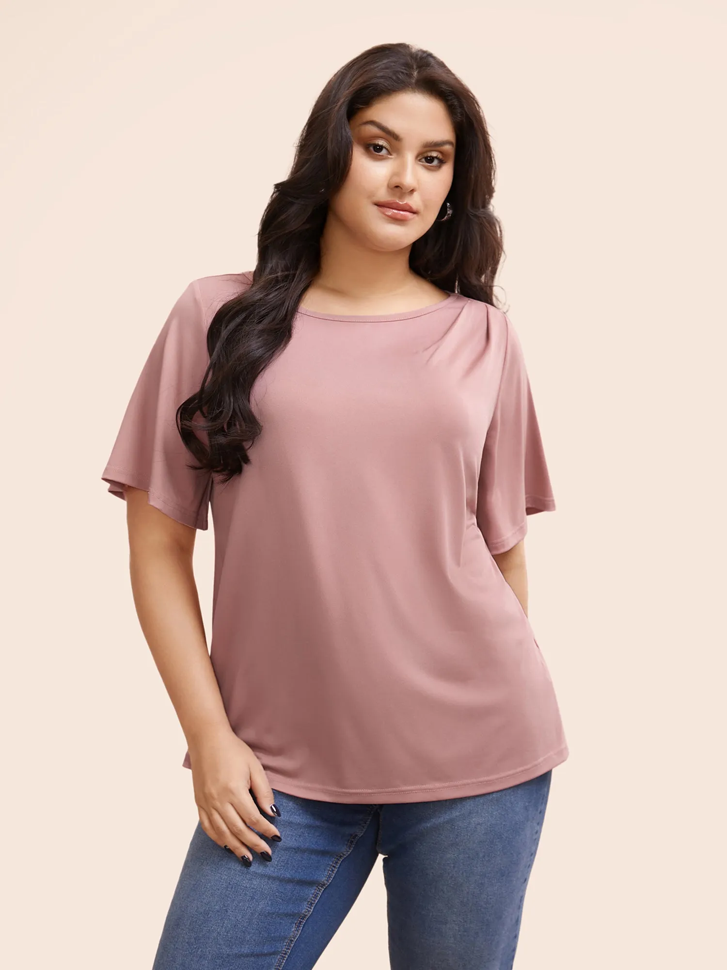 Solid Round Neck Plicated Detail T-shirt sold by Bloomchic