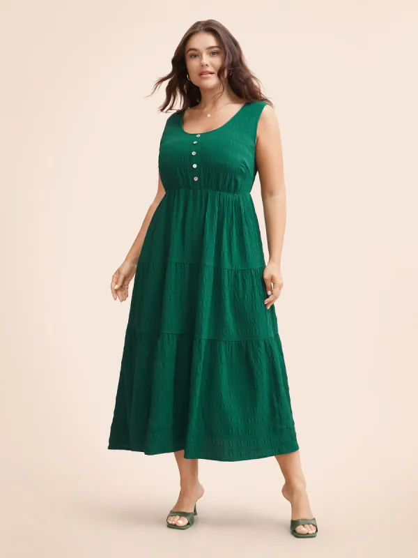 Textured Button Detail Ruffle Layered Hem Dress sold by Bloomchic