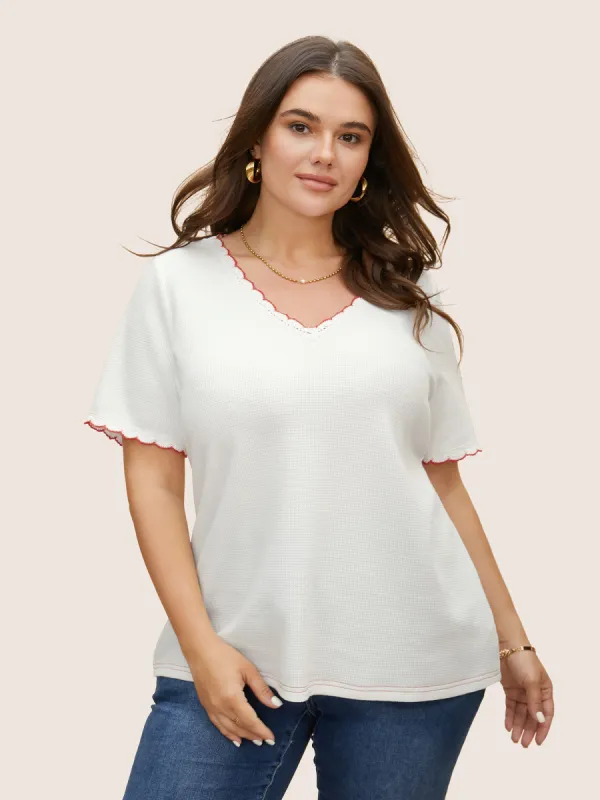 V Neck Texture Contrast Woven Ribbon T-shirt sold by Bloomchic