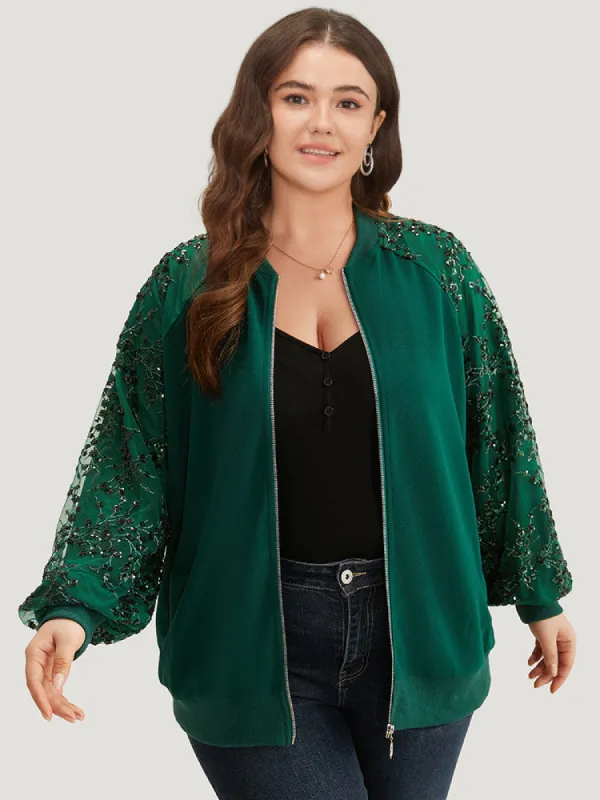 Embroidered Patchwork Mesh Zipper Jacket sold by Bloomchic