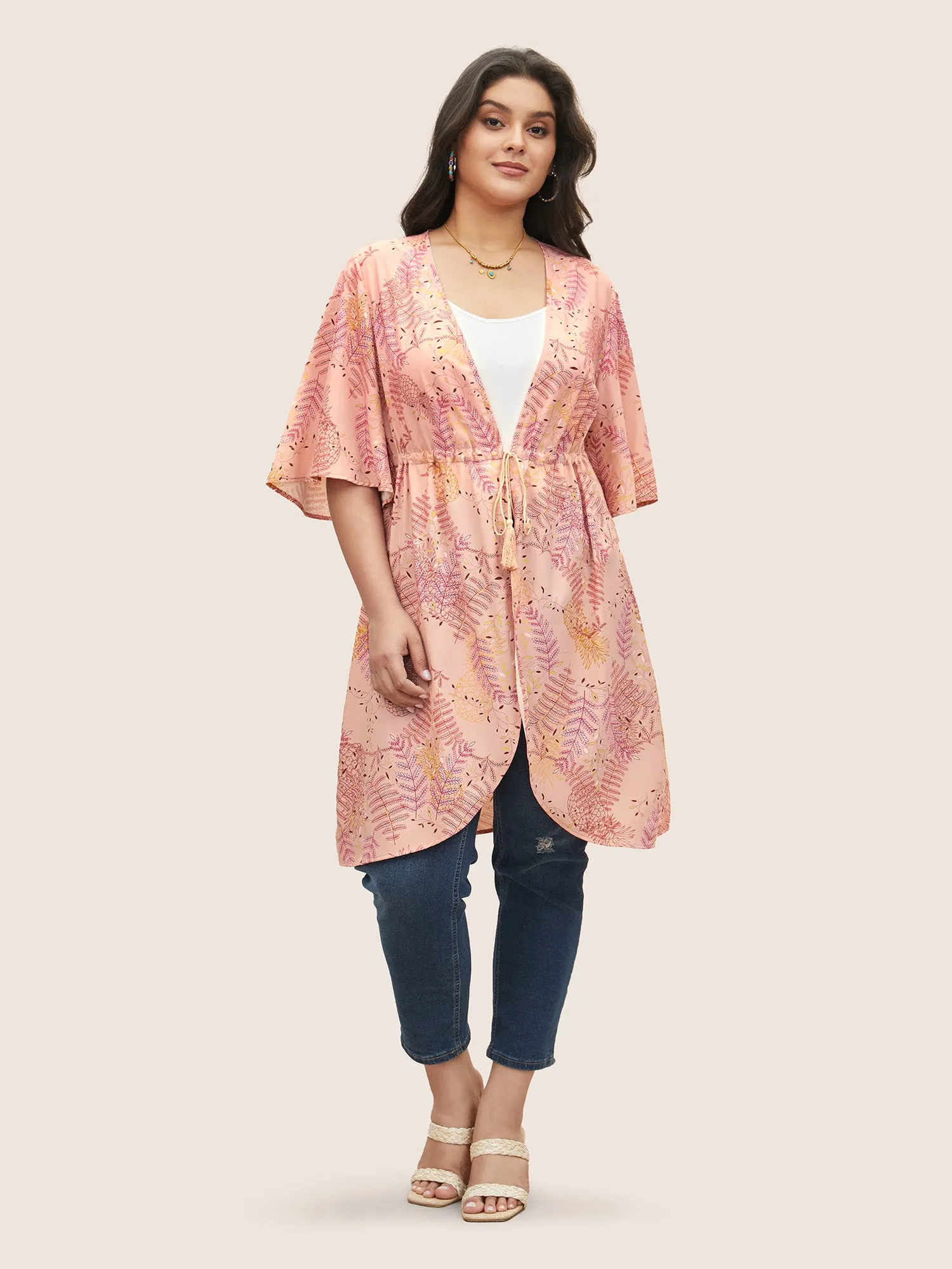 Tropical Print Drawstring Tassels Kimono sold by Bloomchic