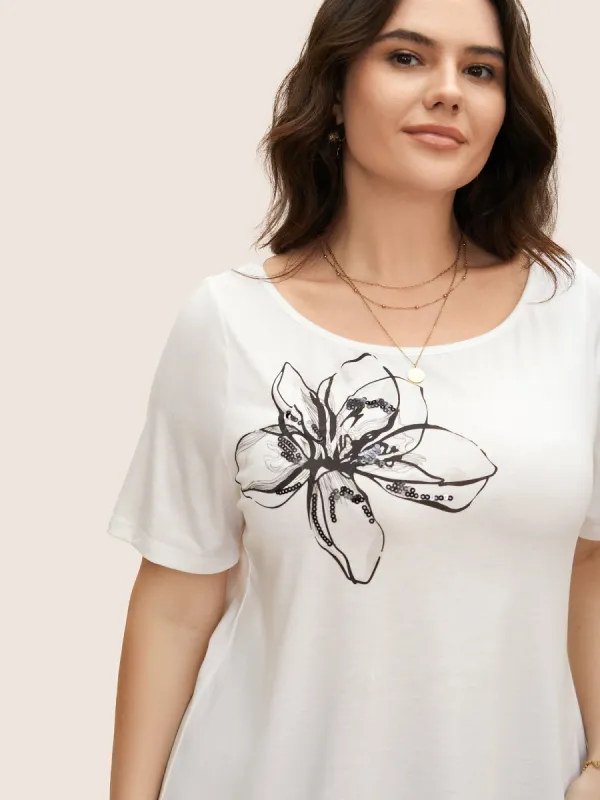 Lily Print Round Neck Pearl Beaded T-shirt sold by Bloomchic