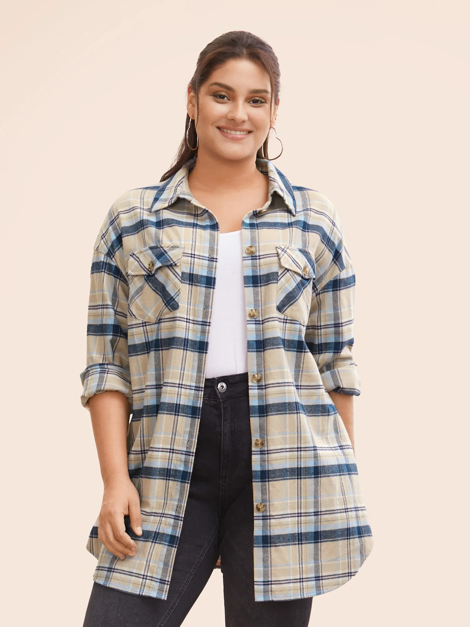 Cotton Shirt Collar Plaid Patched Pocket Jacket sold by Bloomchic