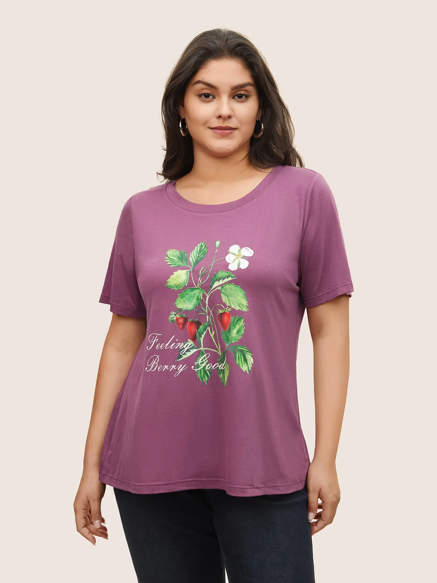 Strawberry Print Round Neck T-shirt sold by Bloomchic