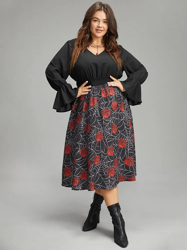 Halloween Rose Ruffles Shirred Elastic Waist Dress sold by Bloomchic