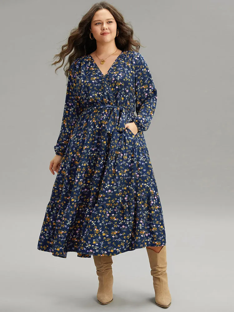 Ditsy Floral Elastic Cuffs Surplice Neck Dress sold by Bloomchic