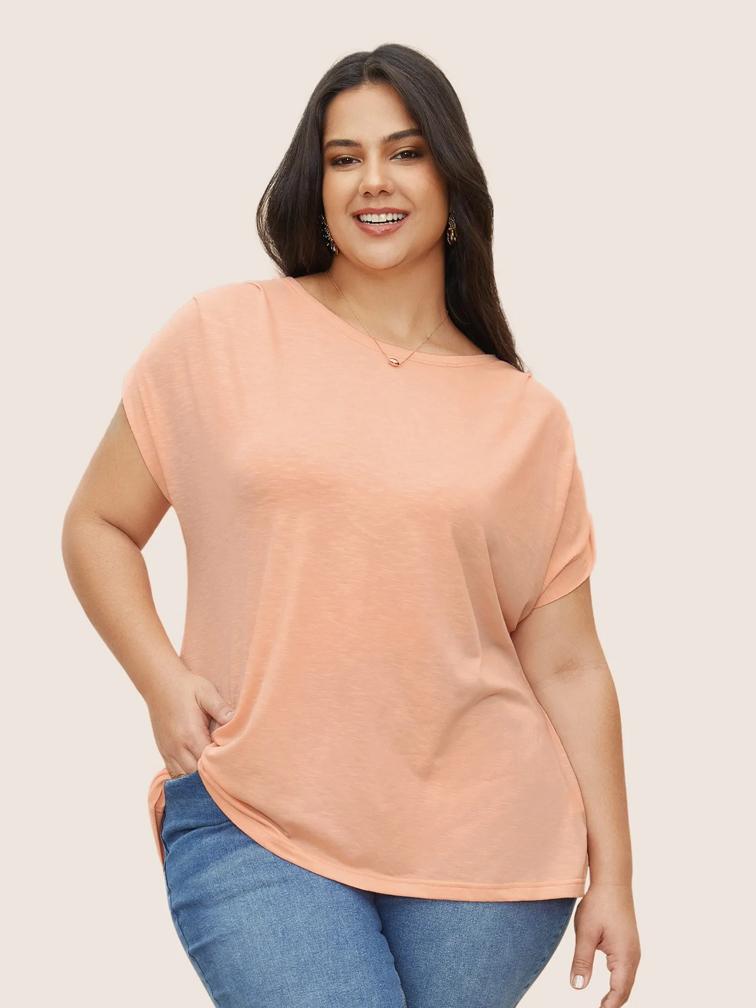 Plain Round Neck Gathered Batwing Sleeve T-shirt sold by Bloomchic