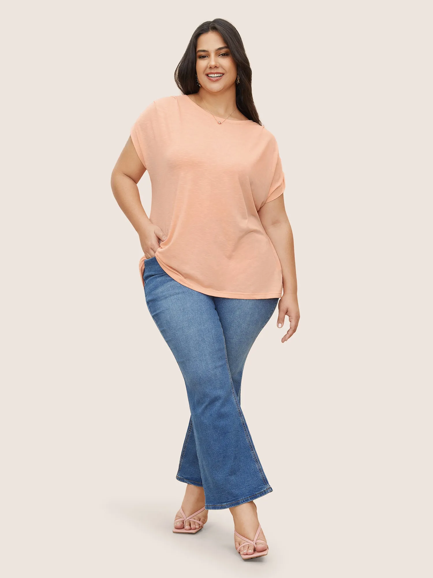 Plain Round Neck Gathered Batwing Sleeve T-shirt sold by Bloomchic product image thumbnail 3