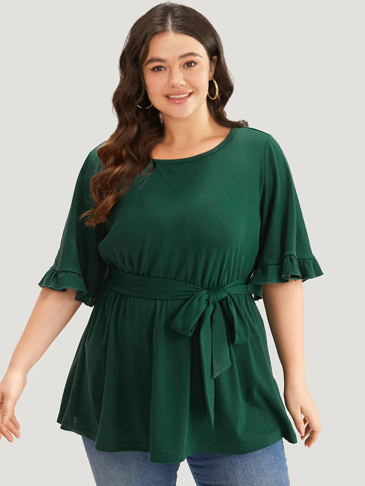 Plain Crew Neck Ties Ruffle Trim Gathered T-shirt sold by Bloomchic product image thumbnail 4