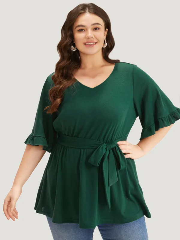 Plain Crew Neck Ties Ruffle Trim Gathered T-shirt sold by Bloomchic