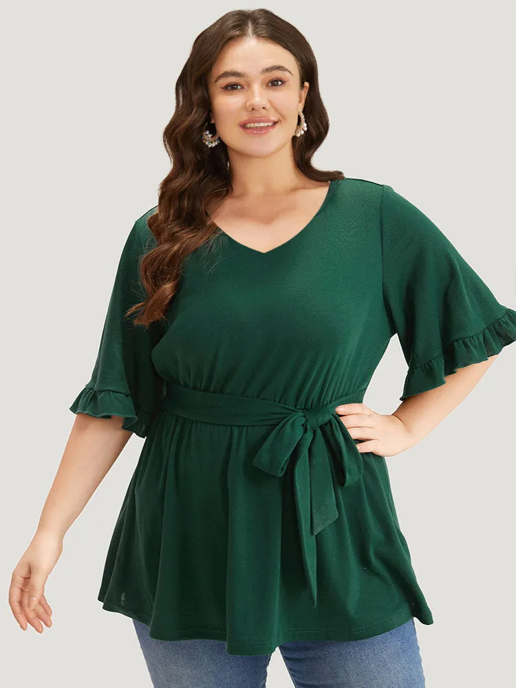 Plain Crew Neck Ties Ruffle Trim Gathered T-shirt sold by Bloomchic