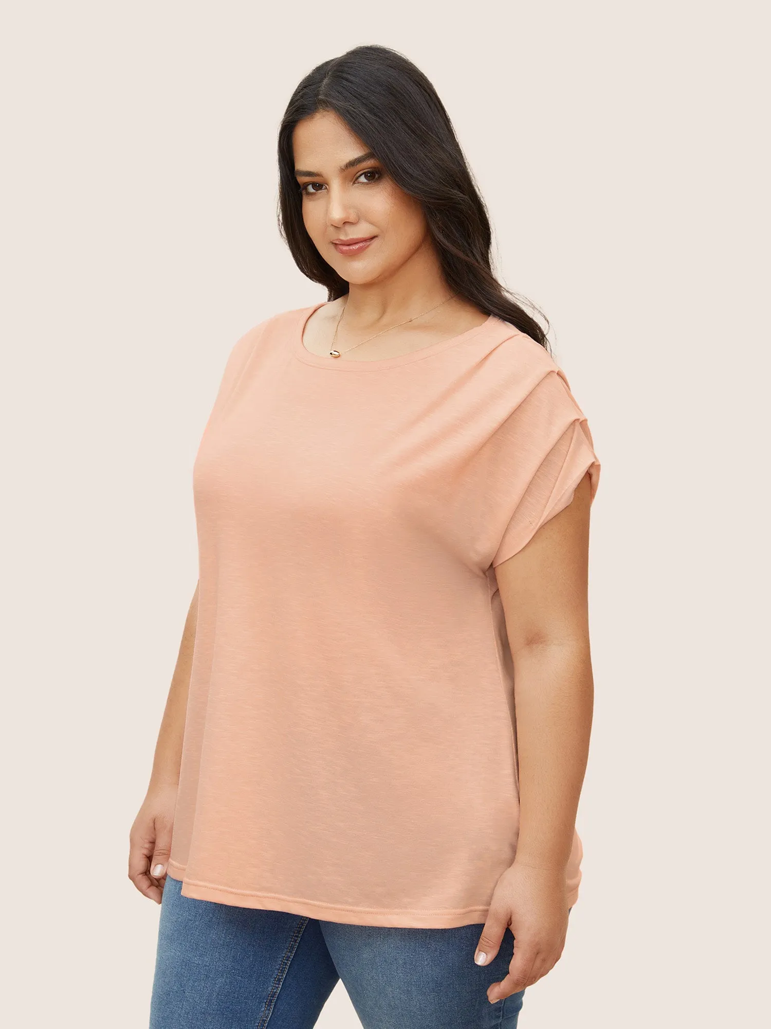 Plain Round Neck Gathered Batwing Sleeve T-shirt sold by Bloomchic product image thumbnail 4