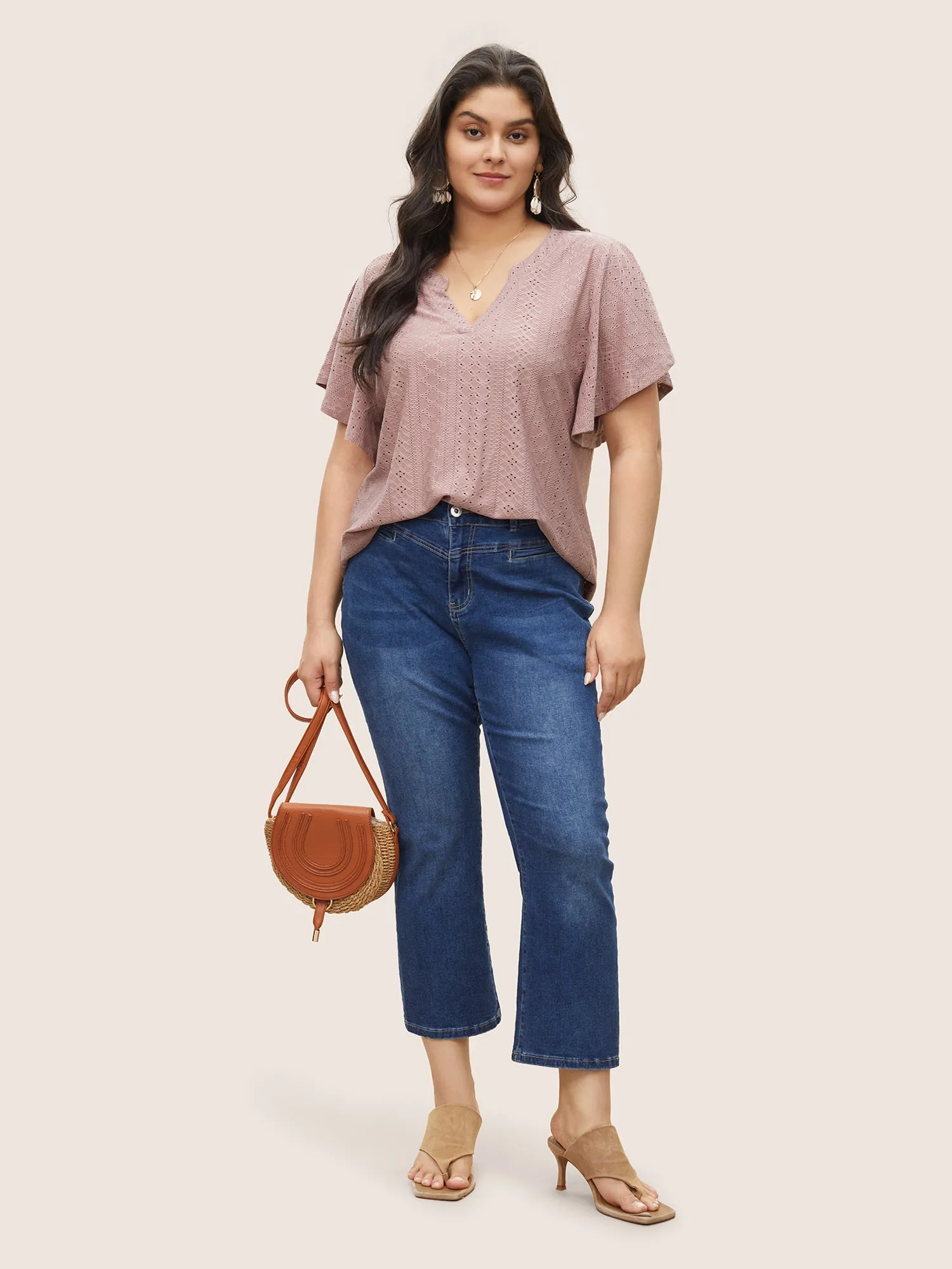 Plisse Flat Collar With V Notch Ruffle Sleeve T-shirt sold by Bloomchic product image thumbnail 3