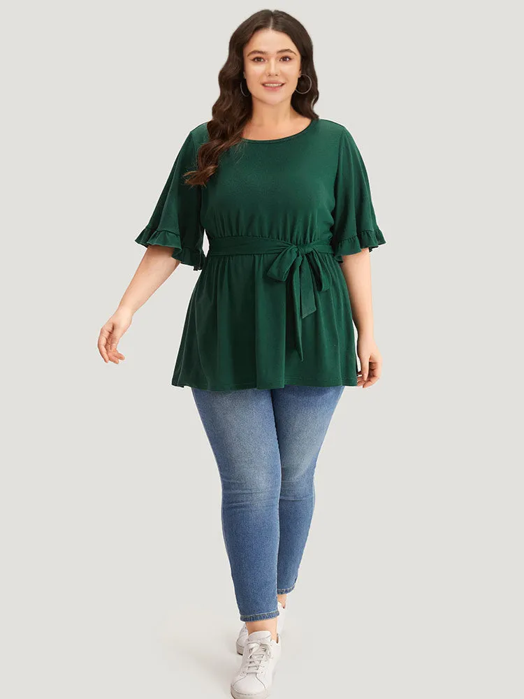 Plain Crew Neck Ties Ruffle Trim Gathered T-shirt sold by Bloomchic product image thumbnail 5