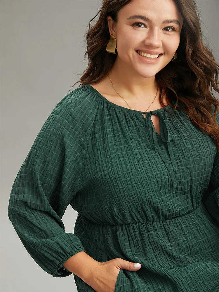 Solid Textured Knot Neck Gathered Lantern Sleeve Dress sold by Bloomchic product image thumbnail 4