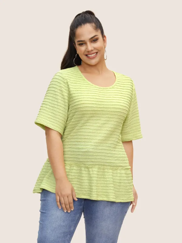 Solid Texture Patchwork Ruffle Hem T-shirt sold by Bloomchic