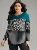 Striped Leopard Patchwork Contrast Round Neck T-shirt sold by Bloomchic