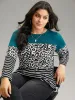 Striped Leopard Patchwork Contrast Round Neck T-shirt sold by Bloomchic
