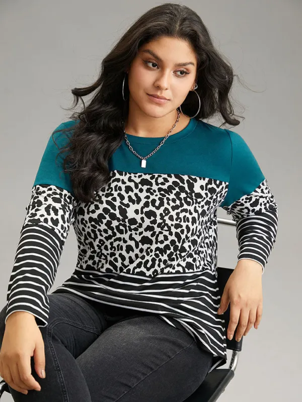 Striped Leopard Patchwork Contrast Round Neck T-shirt sold by Bloomchic