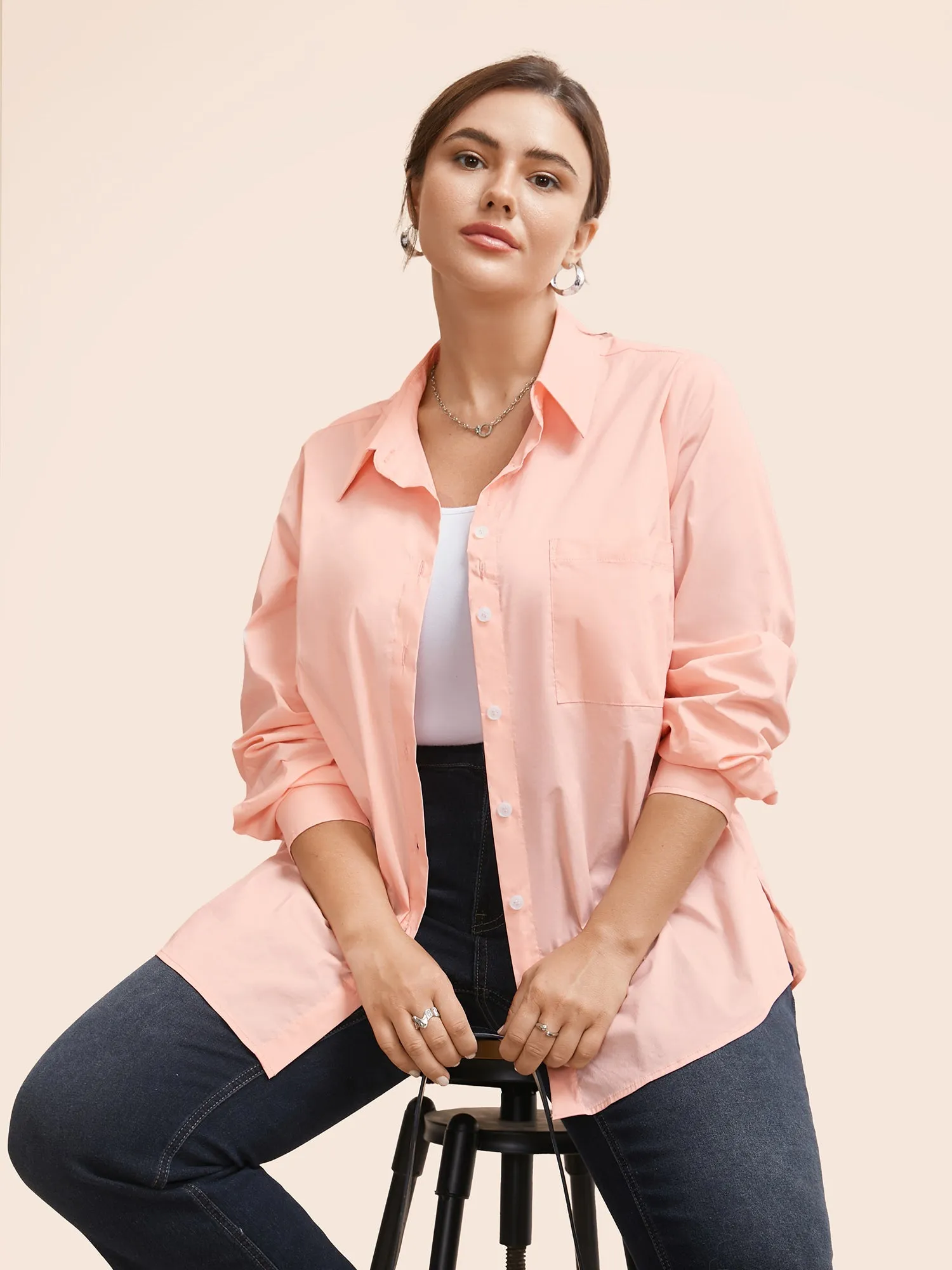 Plain Shirt Collar Split Side Blouse sold by Bloomchic