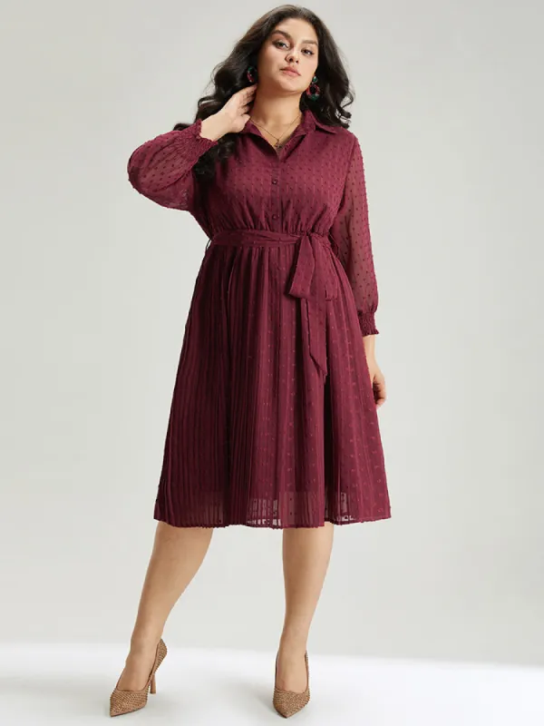 Plain Textured Shirt Collar Gathered Belted Dress sold by Bloomchic