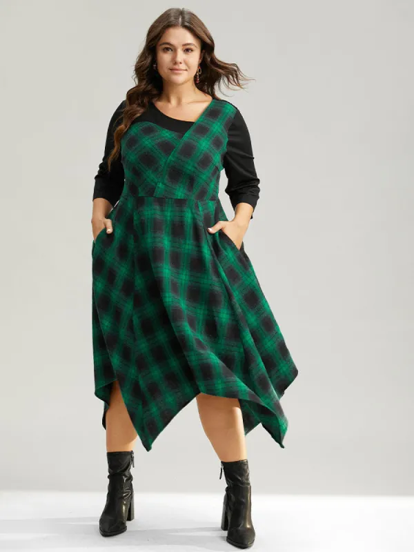 Christmas Plaid Asymmetrical Patchwork Hanky Hem Dress sold by Bloomchic