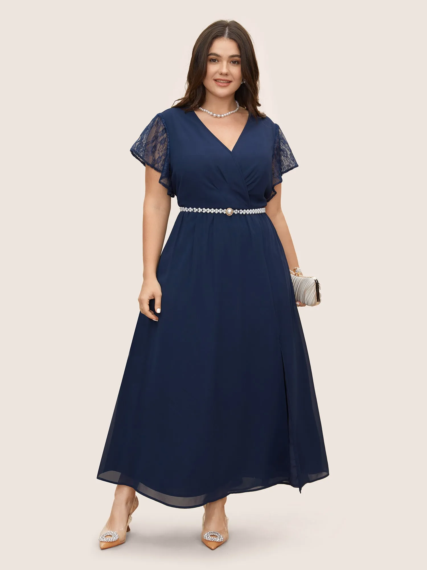 Overlap Collar Crochet Lace Mesh Dress sold by Bloomchic