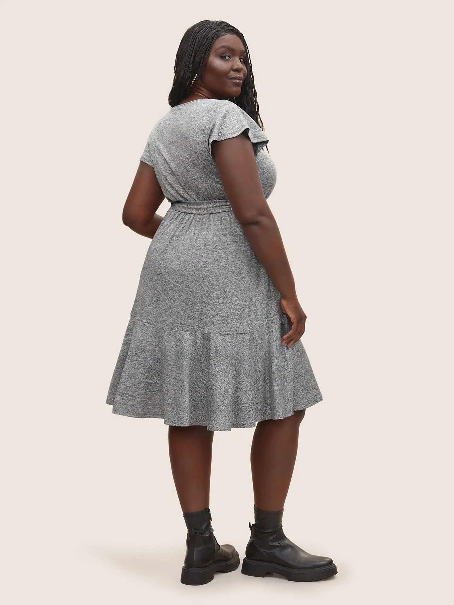 Solid Patchwork Ruffle Cap Sleeve Belted Dress sold by Bloomchic product image thumbnail 3