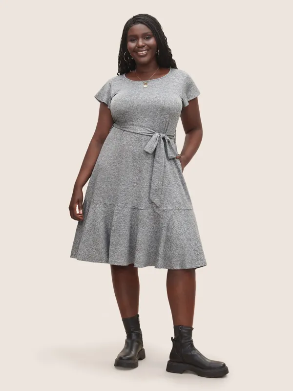 Solid Patchwork Ruffle Cap Sleeve Belted Dress sold by Bloomchic