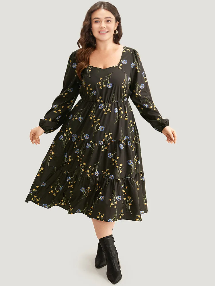 Floral Print Ruffle Hem Elastic Cuffs Dress sold by Bloomchic