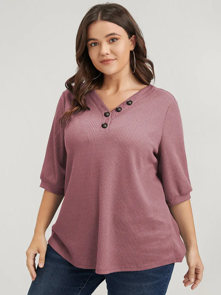 Plain Button V Neck Waffle Knit Tee sold by Bloomchic product image thumbnail 4