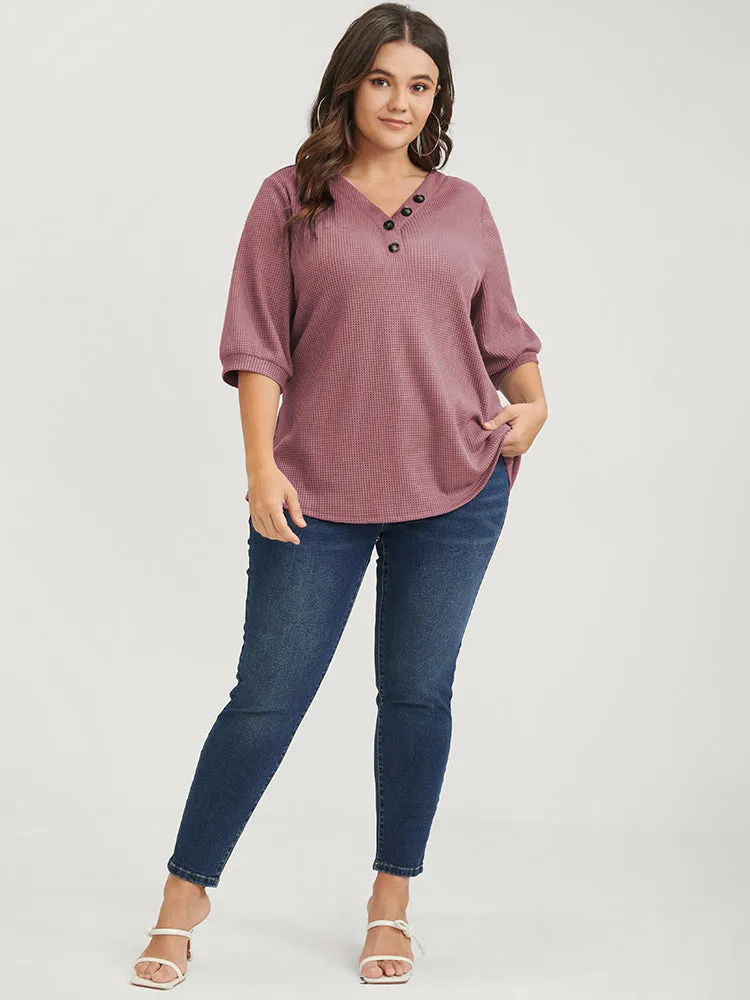 Plain Button V Neck Waffle Knit Tee sold by Bloomchic product image thumbnail 2