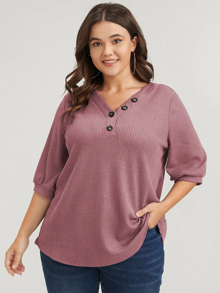 Plain Button V Neck Waffle Knit Tee sold by Bloomchic