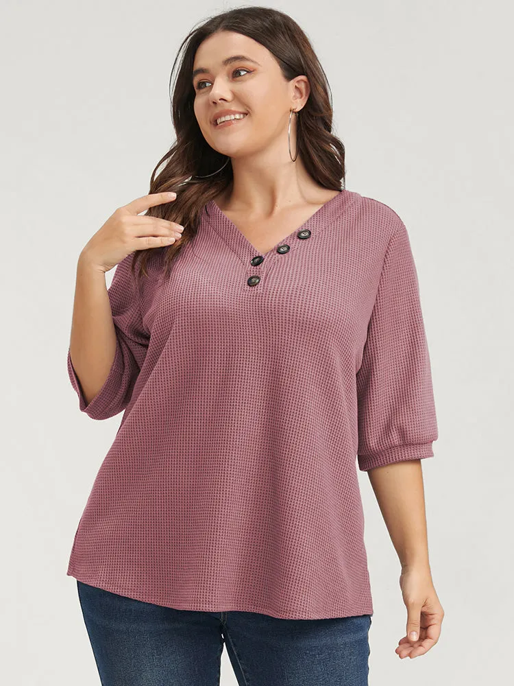Plain Button V Neck Waffle Knit Tee sold by Bloomchic product image thumbnail 3