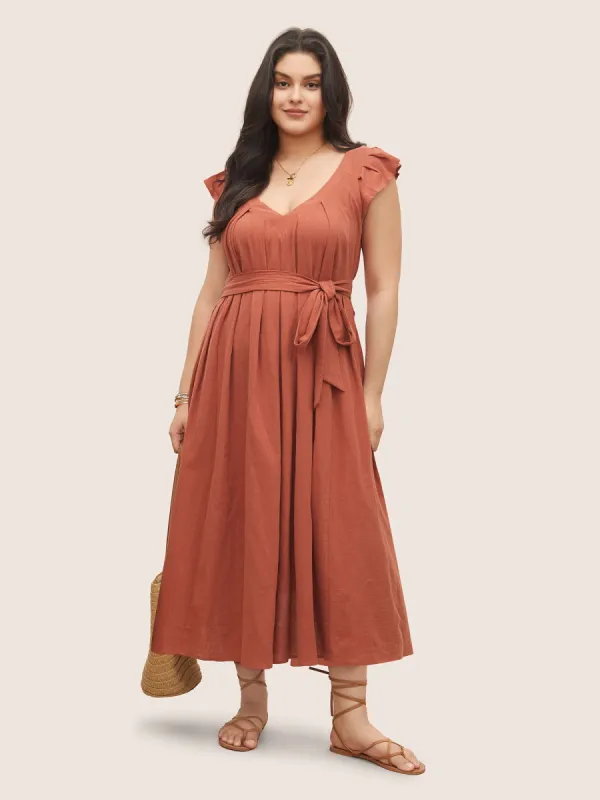 Solid Flounce Sleeve Plicated Detail A Line Dress sold by Bloomchic