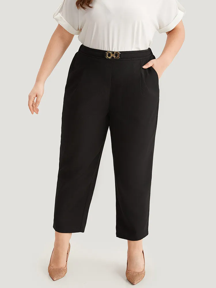 Solid Metal Detail High Rise Straight Leg Pants sold by Bloomchic