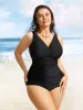 Overlap Collar Mesh Patchwork Laser Cut One Piece Swimsuit sold by Bloomchic