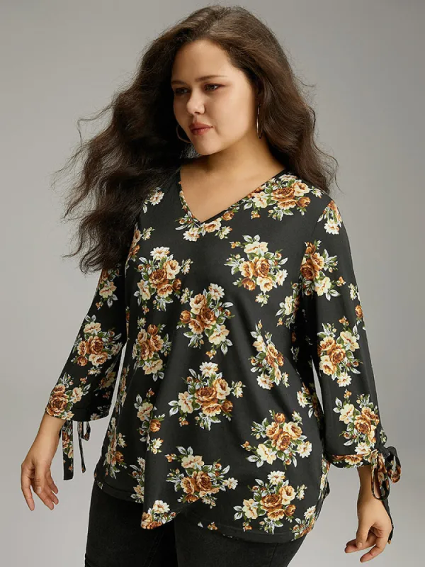 Floral Print V Neck Ties Sleeve T-shirt sold by Bloomchic