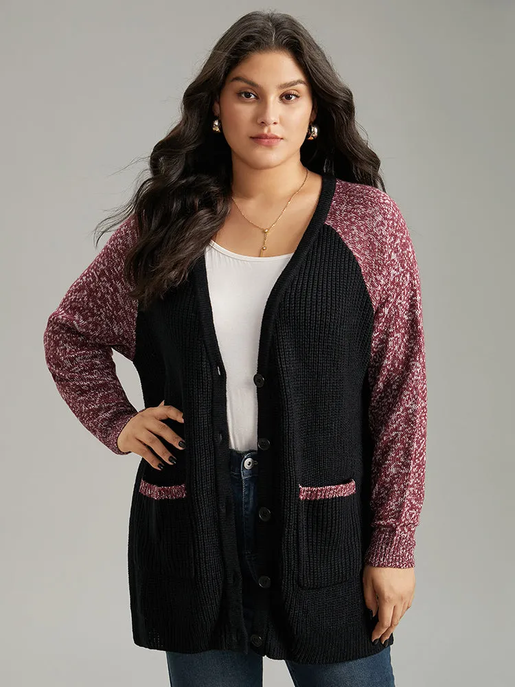 Heather Patchwork Raglan Sleeve Pocket Cardigan sold by Bloomchic
