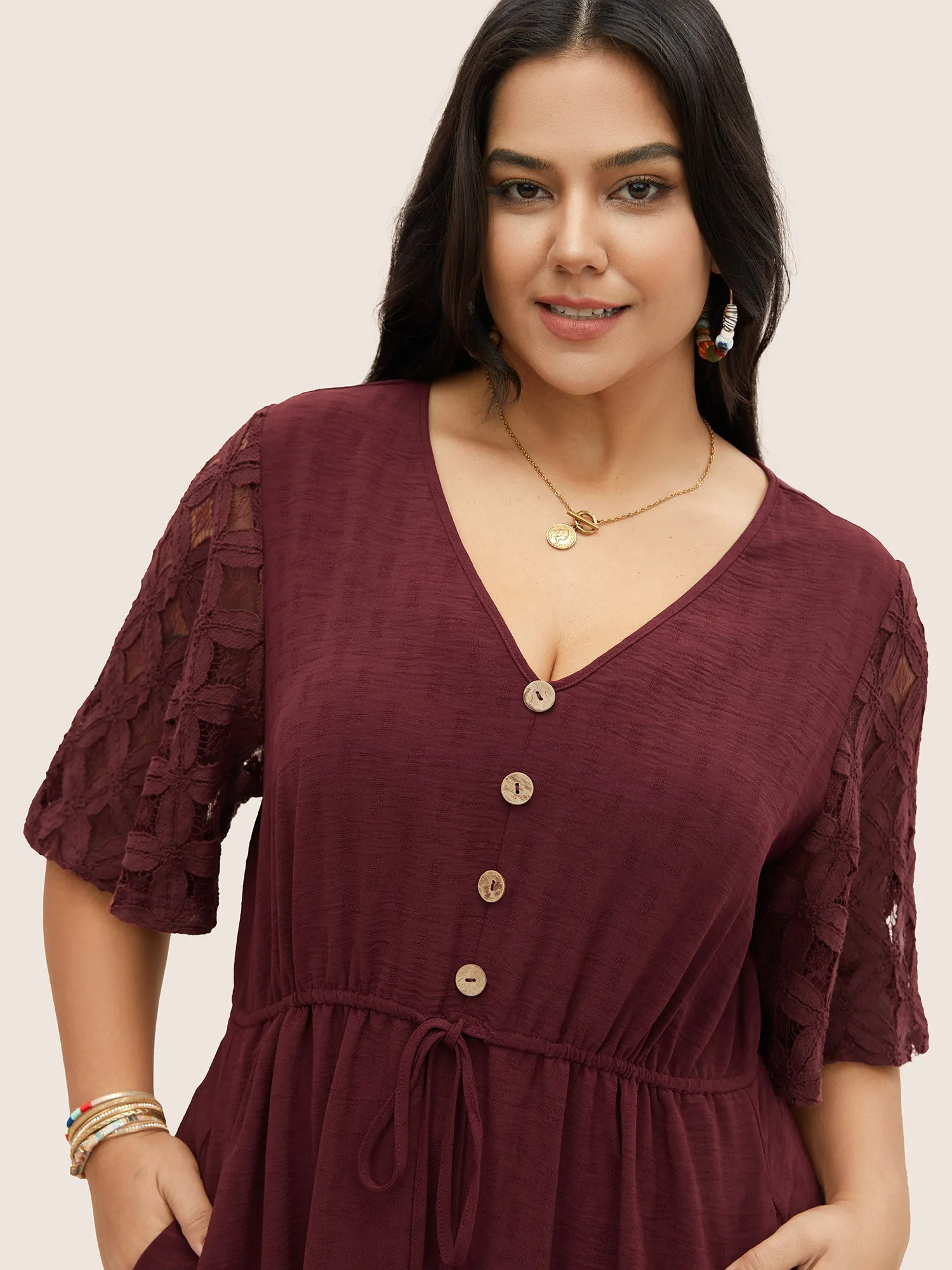 Crochet Lace Mesh Button Detail Drawstring Dress sold by Bloomchic product image thumbnail 2