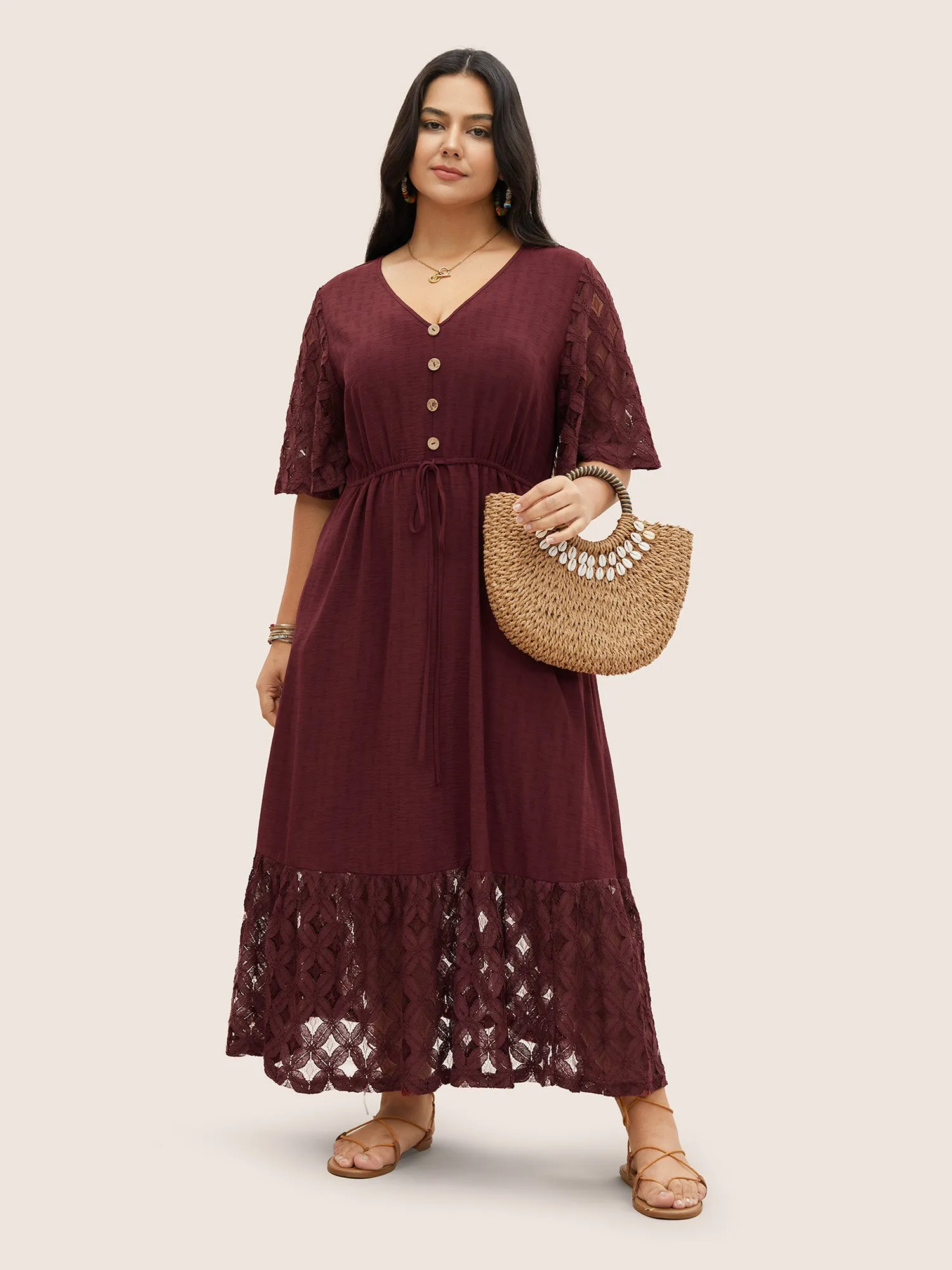 Crochet Lace Mesh Button Detail Drawstring Dress sold by Bloomchic product image thumbnail 3