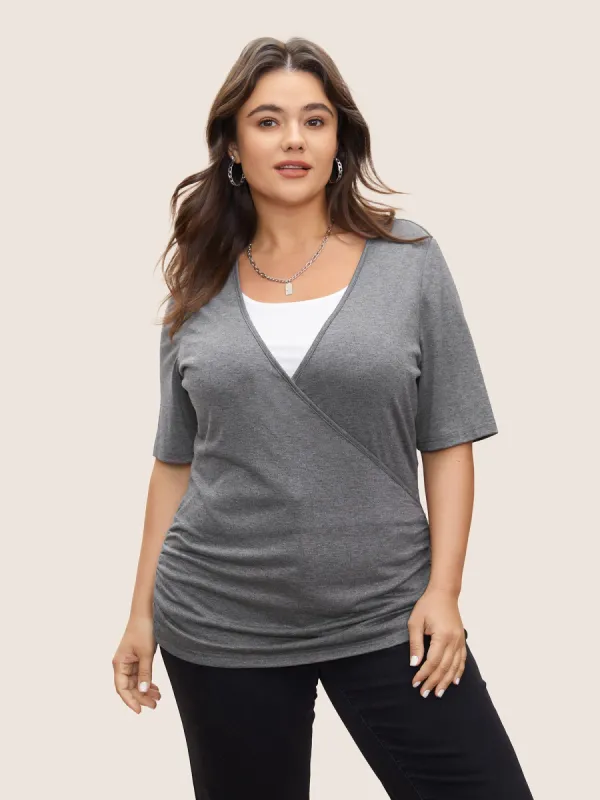 Heather Contrast Patchwork Gathered Wrap T-shirt sold by Bloomchic