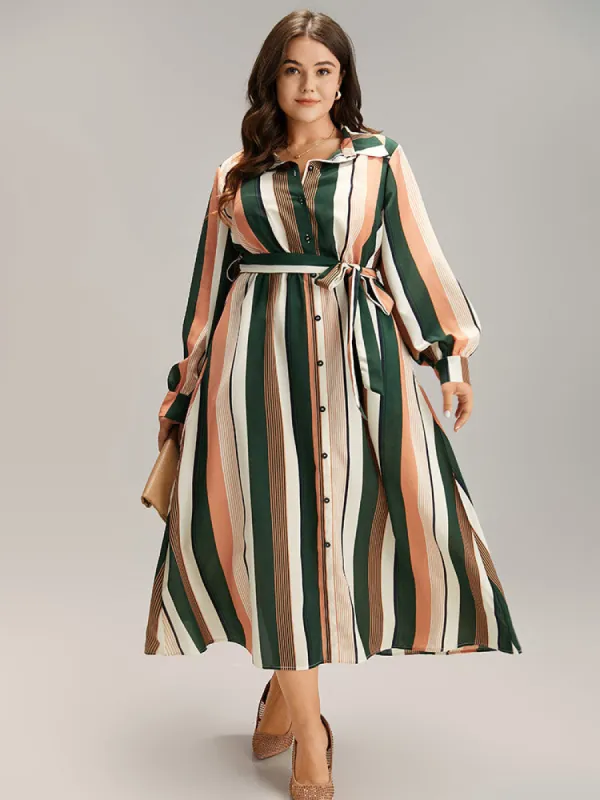 Striped Belted Shirt Collar Button Through Dress sold by Bloomchic