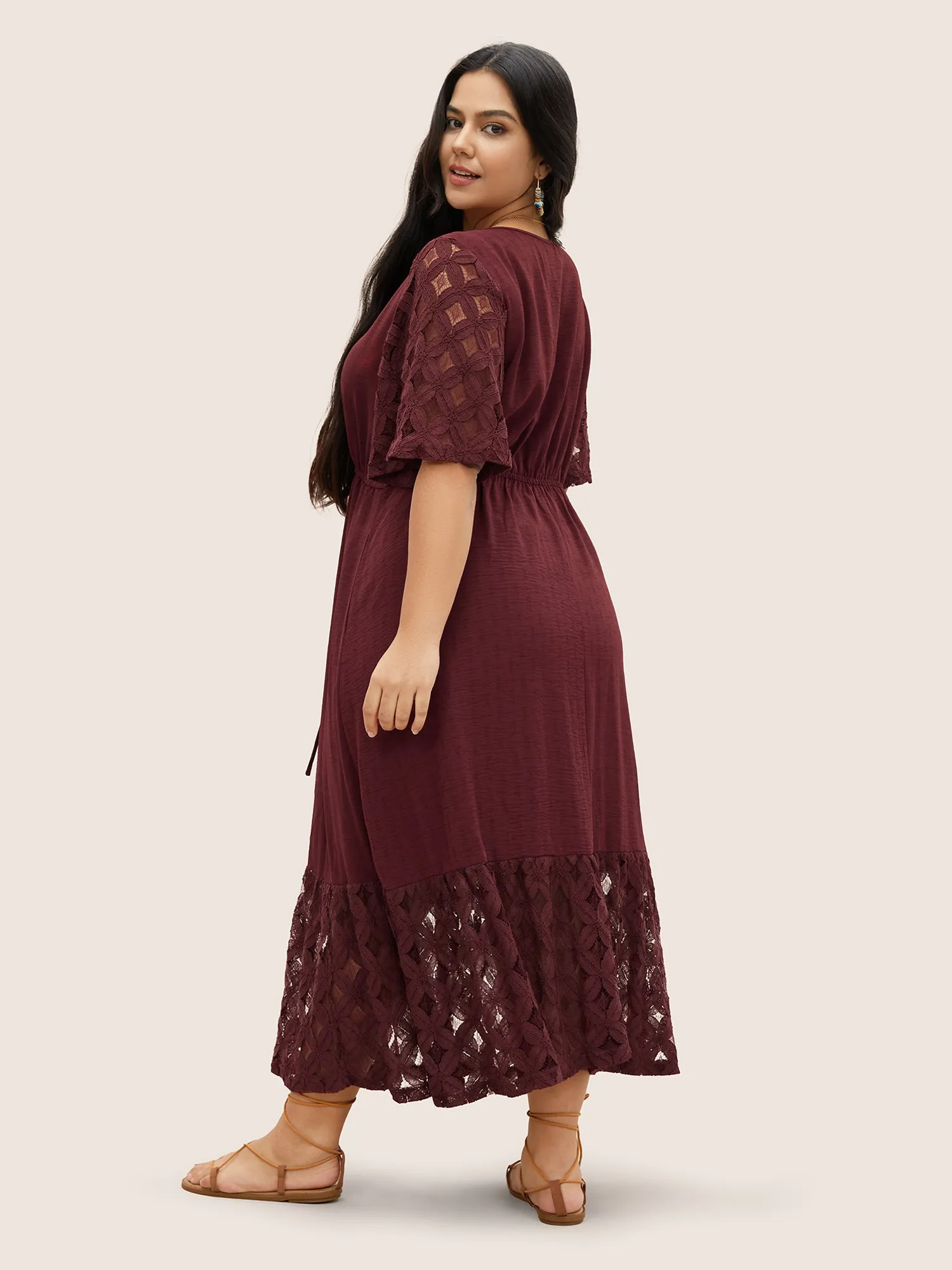 Crochet Lace Mesh Button Detail Drawstring Dress sold by Bloomchic product image thumbnail 4