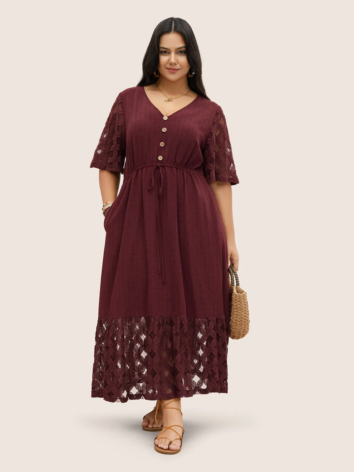 Crochet Lace Mesh Button Detail Drawstring Dress sold by Bloomchic