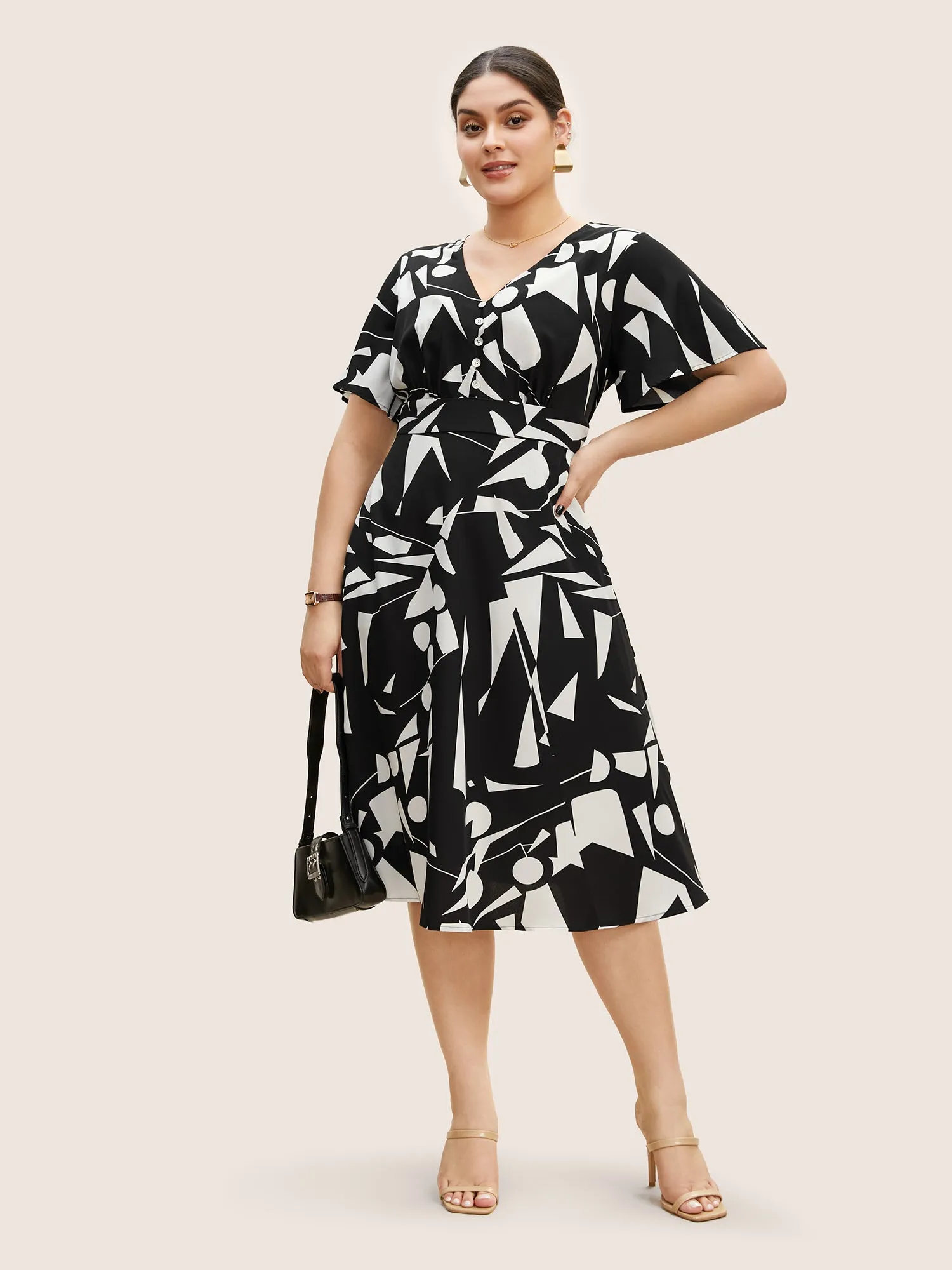 Geometric Button Detail Flutter Sleeve Midi Dress sold by Bloomchic product image thumbnail 2