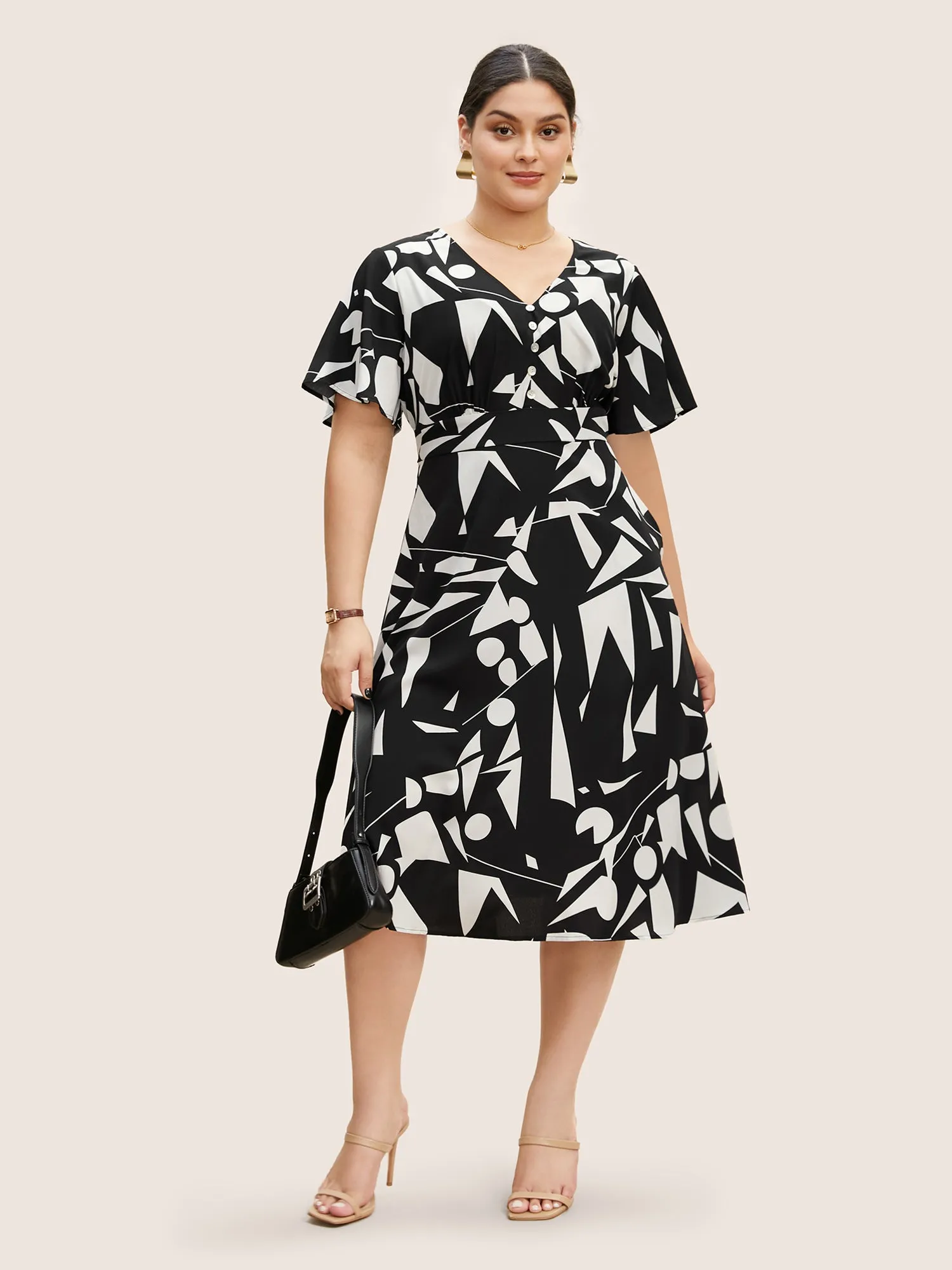 Geometric Button Detail Flutter Sleeve Midi Dress sold by Bloomchic